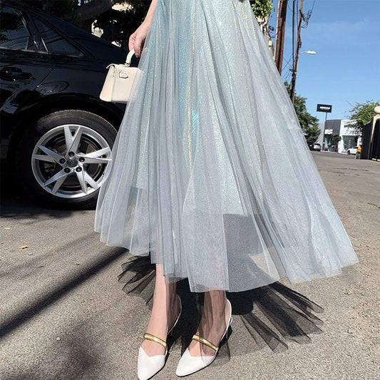 Fashion Women Skirts Tulle 2020 Spring Summer Korean Fashion Shiny Long Maxi Pleated Skirt Female Black Blue Apricot Skirt