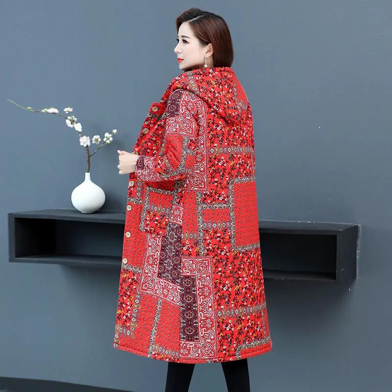 Winter Coat Plus Velvet Thickening Middle-aged and Elderly Women's Hooded Cotton Coat