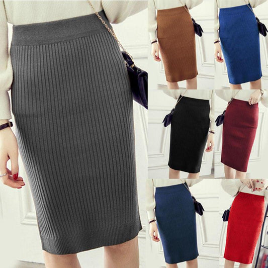 Autumn Winter Women Knitted Pencil Skirts Stretch High Waist Knee Length Slim Office Lady Bodycon