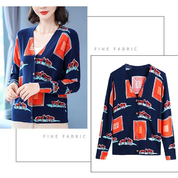 Autumn Winter Ladies Wool Cardigan  Single-breasted 3D Printing Cardigan Coat