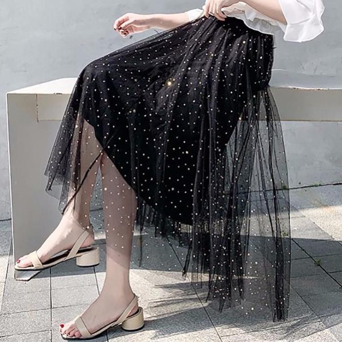 Women's Tulle Plain Pleated Skirt 2020 Pink Beige White Mesh Midi Skirt High Waist Woman Skirts