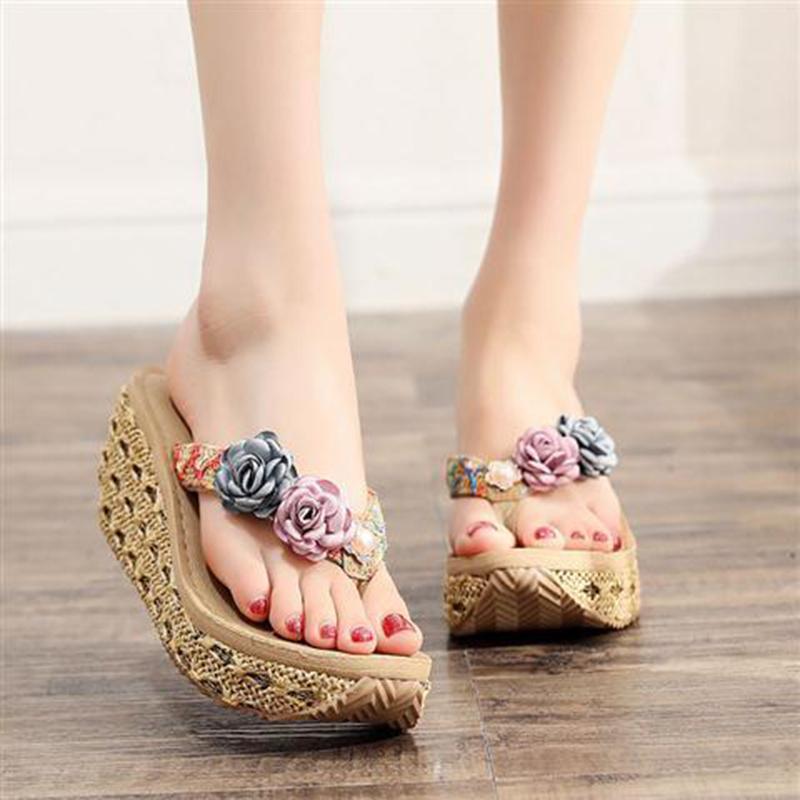 High-heeled Fashion Non-slip Sandals and Slippers Women's Summer Seaside Beach Shoes Thick-soled Holiday Outer Wear Clip-on Flower Flip-flops