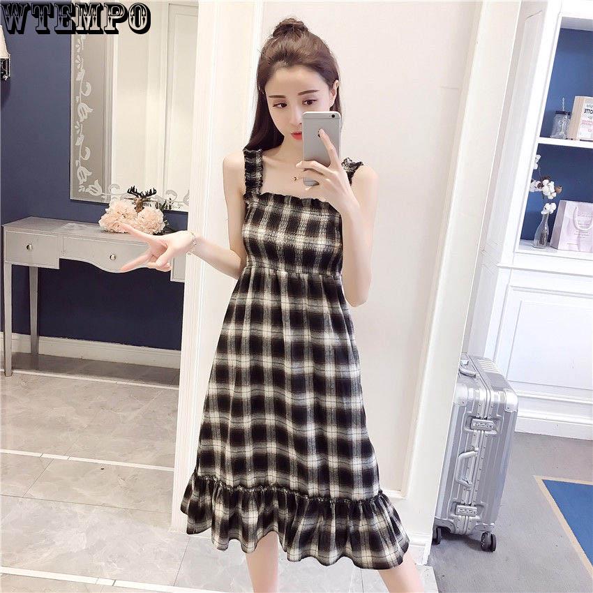 WTEMPO Brand Summer Loose Sling Small Fresh Women's Student Tube Top Long Plaid Dress