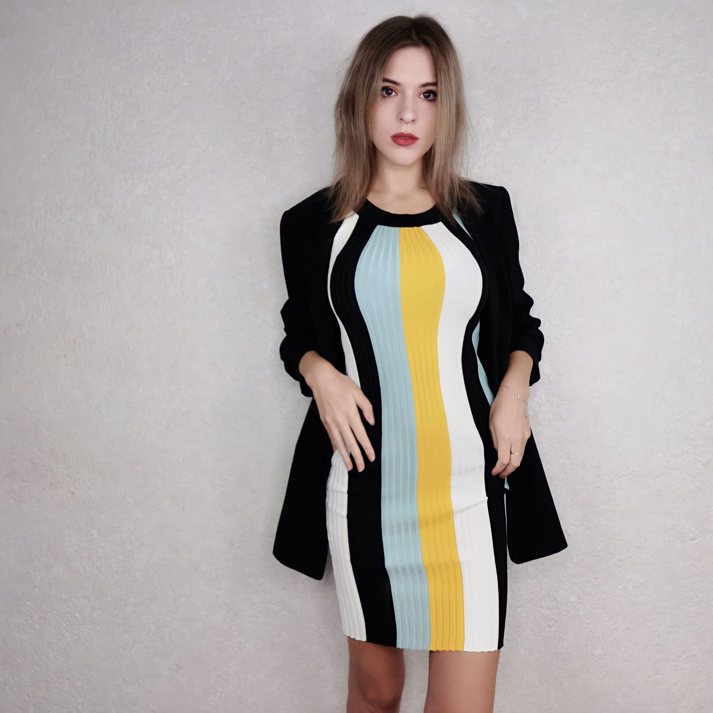 Women's Round Neck Sleeveless Halter Neck Dress Striped Knitted Dress Elastic Slim Bodycon Dress for Party