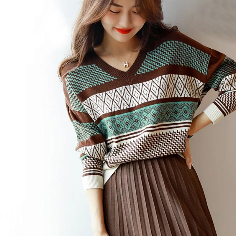 Sweater Women Stitching Printing V-neck Pullover Knitwear Korean Loose Fluffy Top Striped Sweater Autumn and Winter Fashion