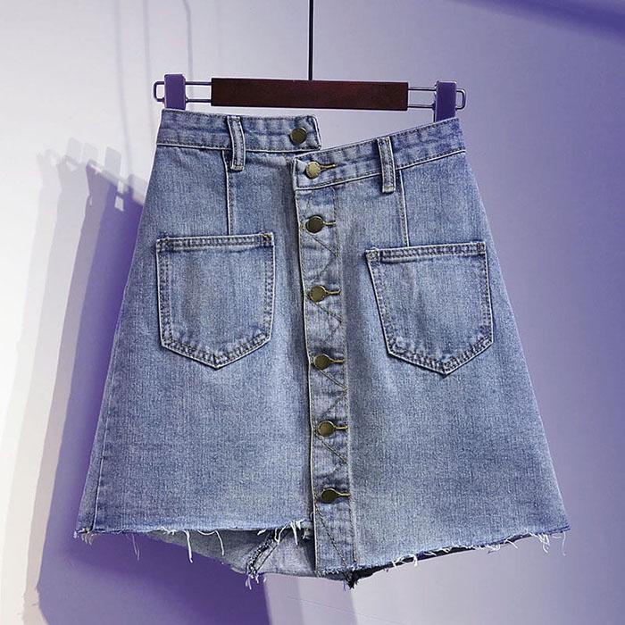 Pofulove Plus Size Women High Waist Irregular Denim Skirts Hip Skirt Anti-light Thin A-line Skirt