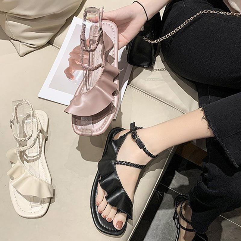 Sandals Women's Large Size Summer Lotus Leaf Fairy Style Flat Bottom All-match Word with Low-heeled Roman Shoes