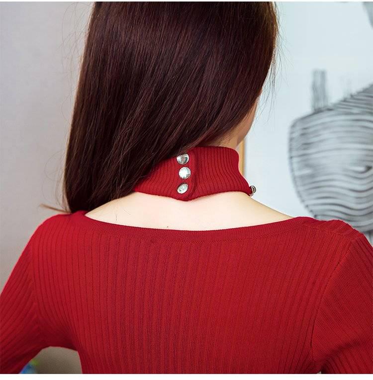 Pofulove Warm Sexy Sweater Turtleneck Slim Bottoming Blouse Solid Color Rhinestone Necklace Knitwear