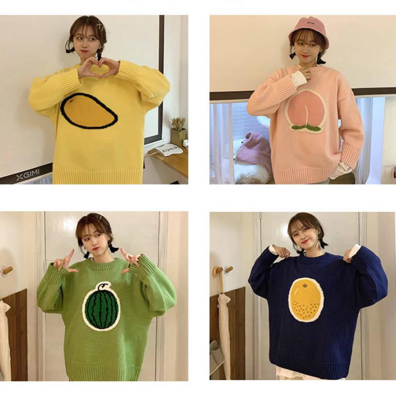 Autumn Winter Small Fresh Interesting Fruit Jacquard Short Outer Wear Sweater Cartoon Sweater Loose Thick Long Sleeved Pullover Sweater