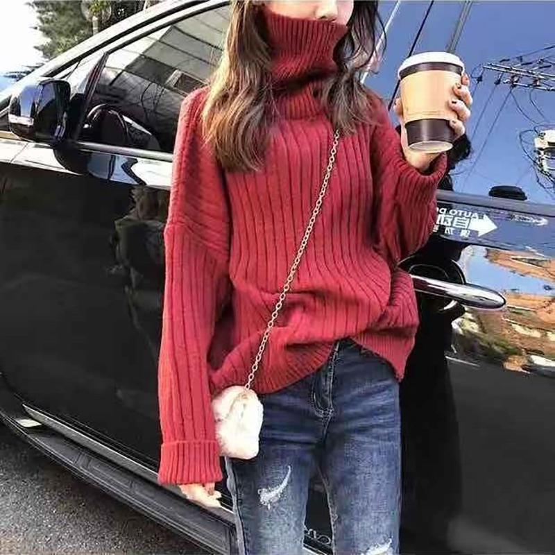 Women High Collar Long Sleeve Pullover Thick Slim Tight Knit Bottoming Shirt Sweater