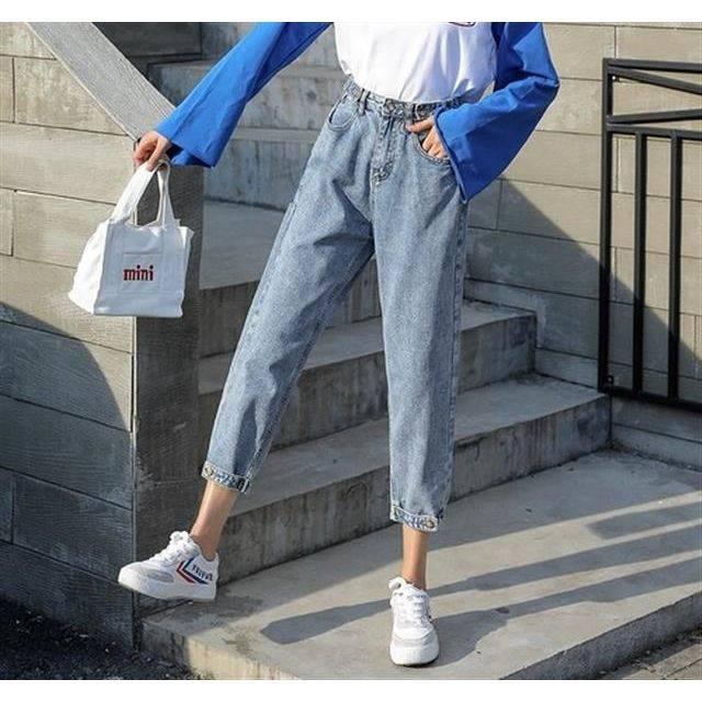 WTEMPO Jeans Female Loose High Waist Harem Pants Wild Was Thin Wide Legs Nine Points Pants Net Red Pants