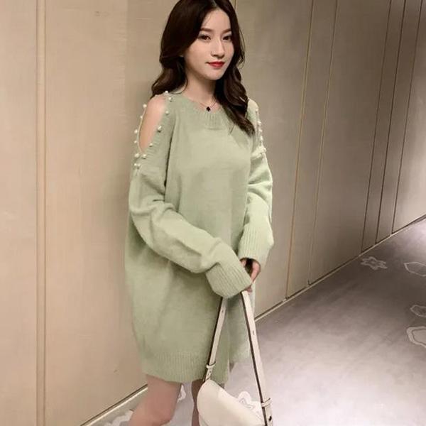 Autumn Loose One-piece Bodysuit Dress Design Sense Beading Strapless Sexy Sweater Pullover Round Neck Long-sleeved Jacket Mid-length Sweater Top