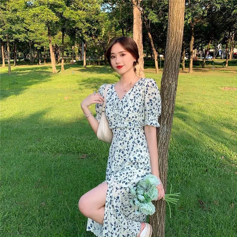 Women's Summer Long Dress V-neck Floral Puff Sleeve A-Line Dress
