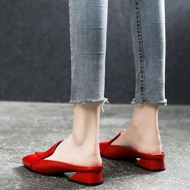 Leather Yellow Sandals Women's Summer Style Open-toe Flat Bottom Fish Mouth Fashion All-match Thick Heel Half Slippers Women