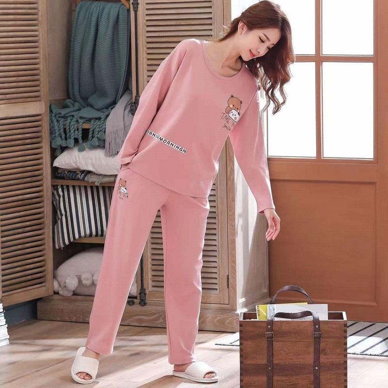 Women's Pure Cotton Long-sleeved Pajamas Set Simple Cartoon Printing Round Neck Loose Thin Casual Homewear Set Soft Comfortable Pjs Sleeping Suit