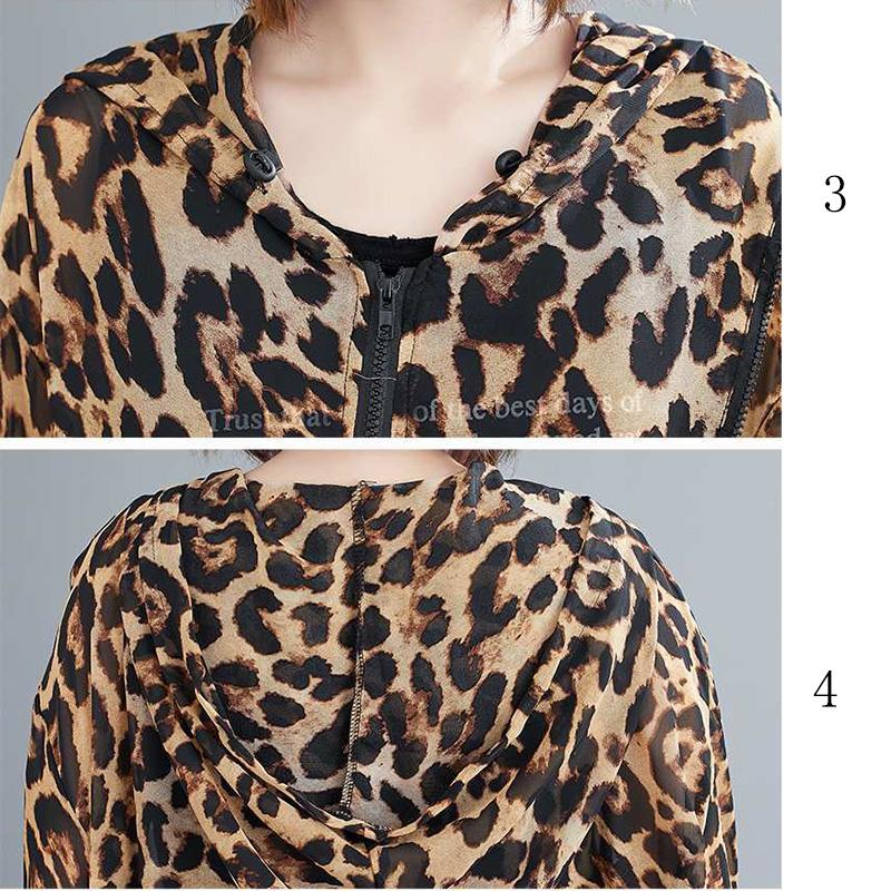 WTEMPO Large Size Chiffon Leopard Print Coat Long-sleeved Irregular Mid-calf Length Sun Protection Clothing Zipper Hooded
