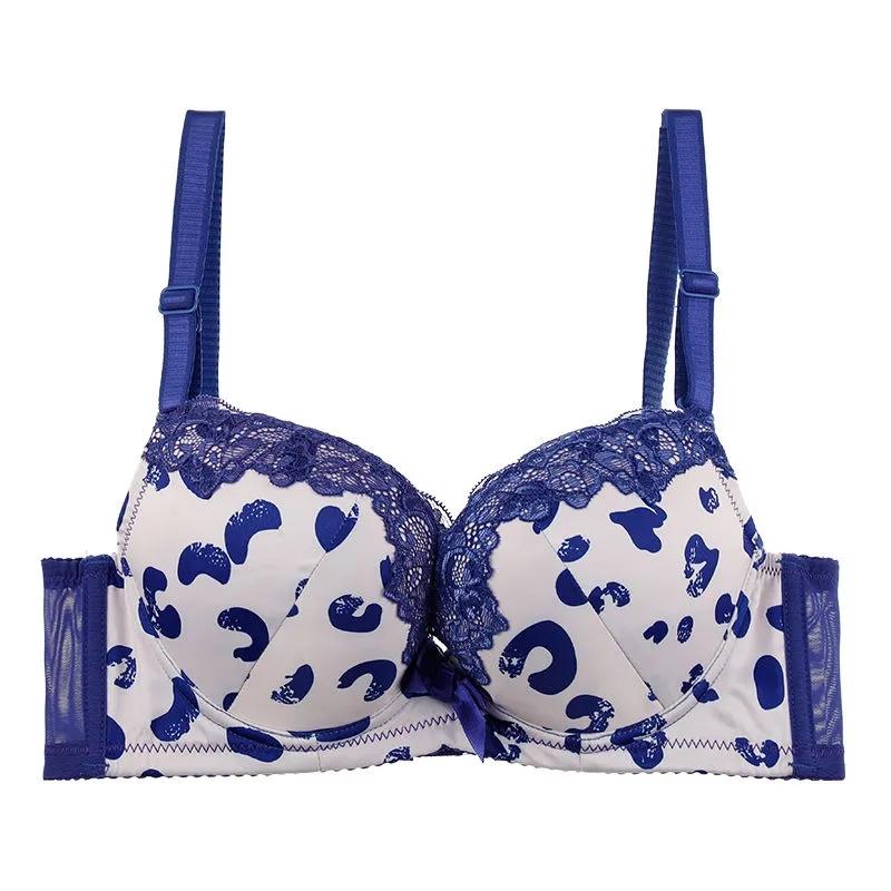 Ladies Sexy Lace Spotted Upper Thin Thicker Lower Thick Adjustable Pull-up Bra Comfortable Brassiere Gathered Bra Women's Bow Printed Underwear