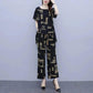Black Printed Large Size Women's Summer Suit Casual Age-reducing Wide-leg Pants + Short-sleeved Round Neck Shirt Two-piece Set