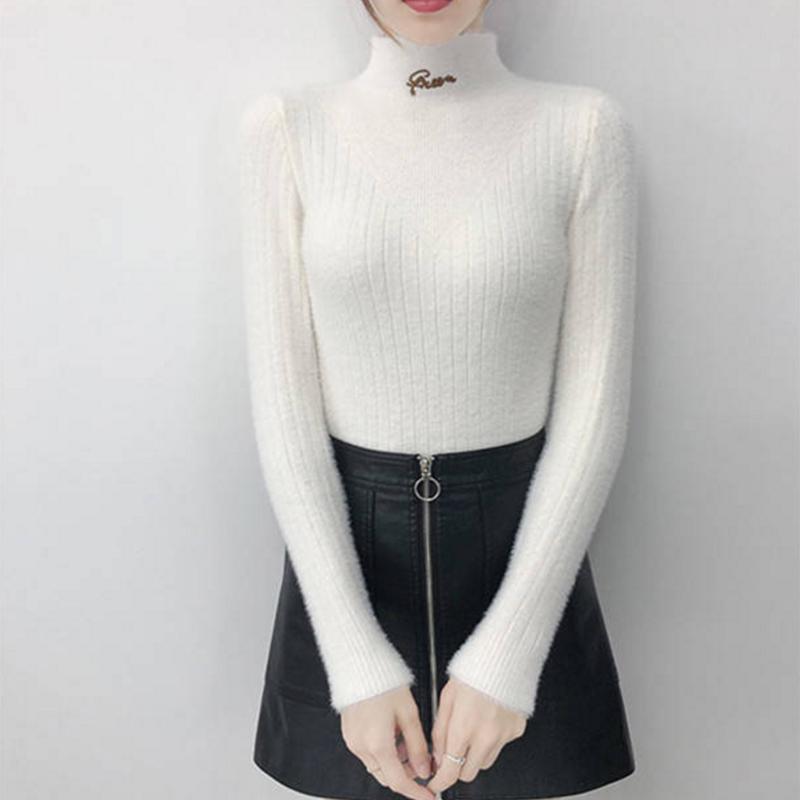 Pofulove Faux Mink Fleece Sweater Short-fitting Winter Jacket Half Turtleneck Bottoming Shirt