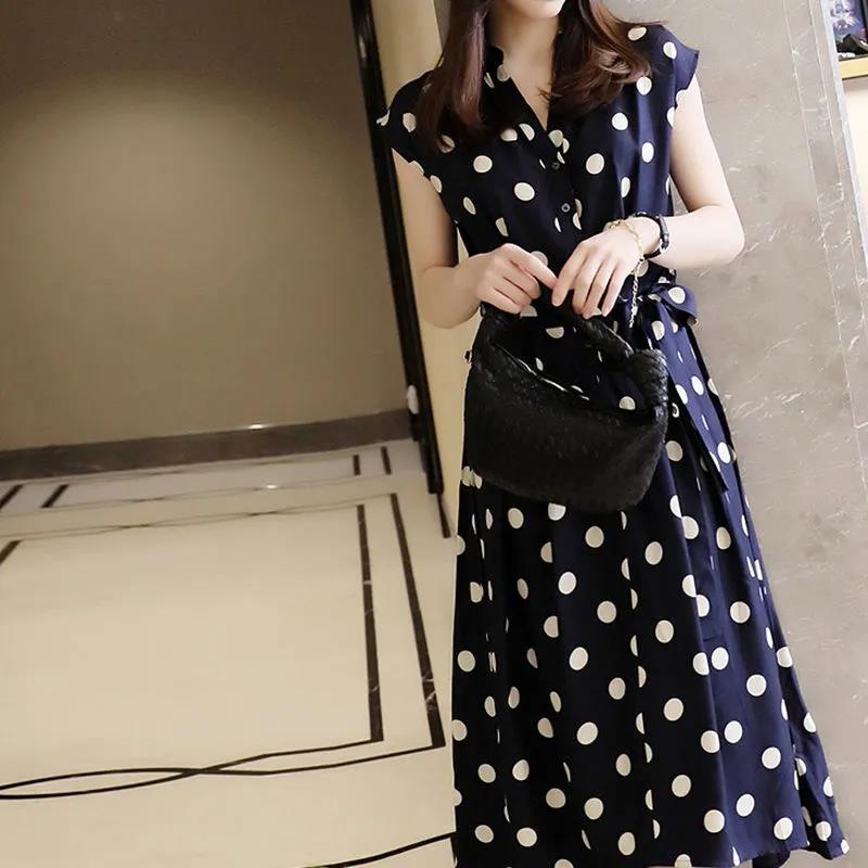 French Retro Polka Dot Dress Female Summer Short-sleeved Waist Waist Was Thin All-match Casual Over-the-knee Skirt