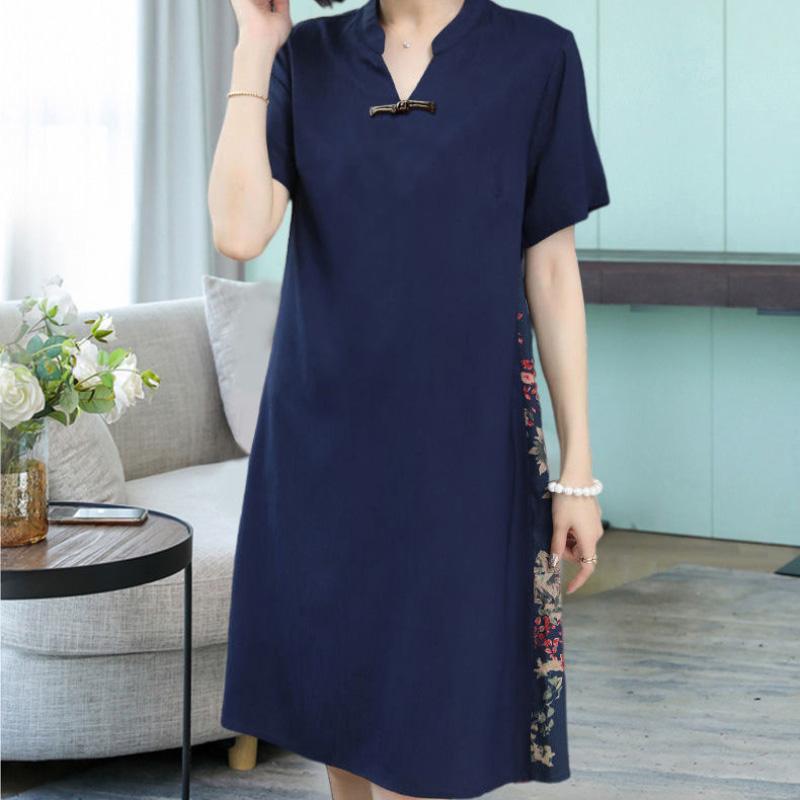 Summer Women's Dress Loose Large Size Retro Printed Skirt Simple Thin Short-sleeved V-neck Over-the-knee Skirt