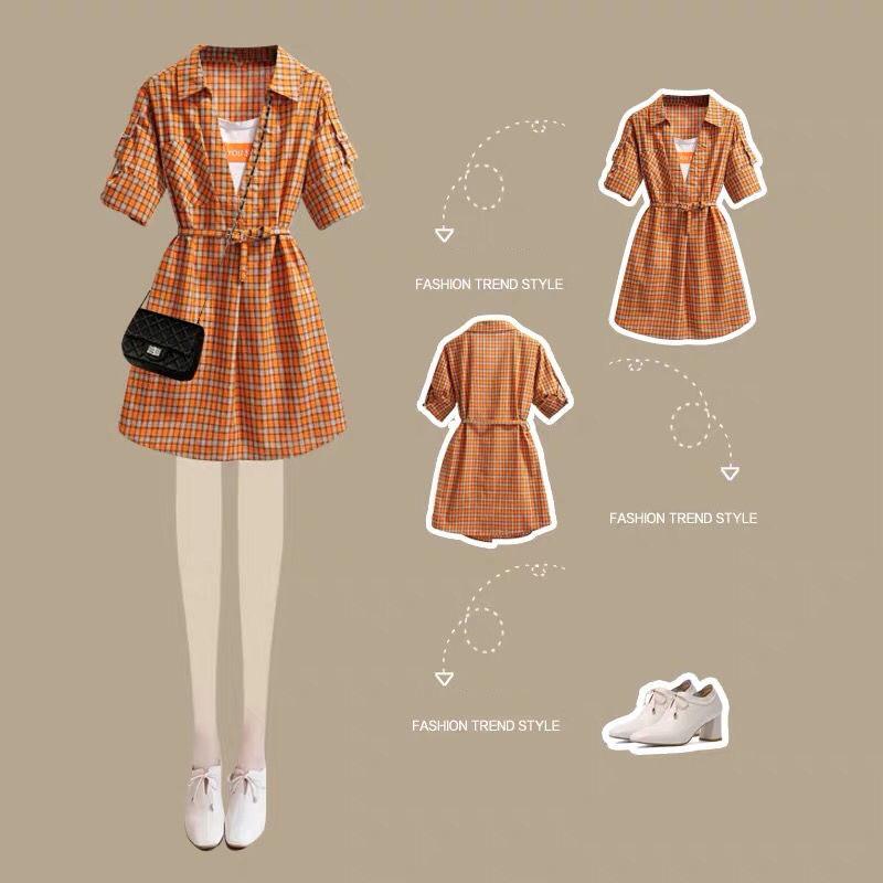 Pofulove Summer dress plus size women's plaid dress slim short sleeve shirt dress with pocket