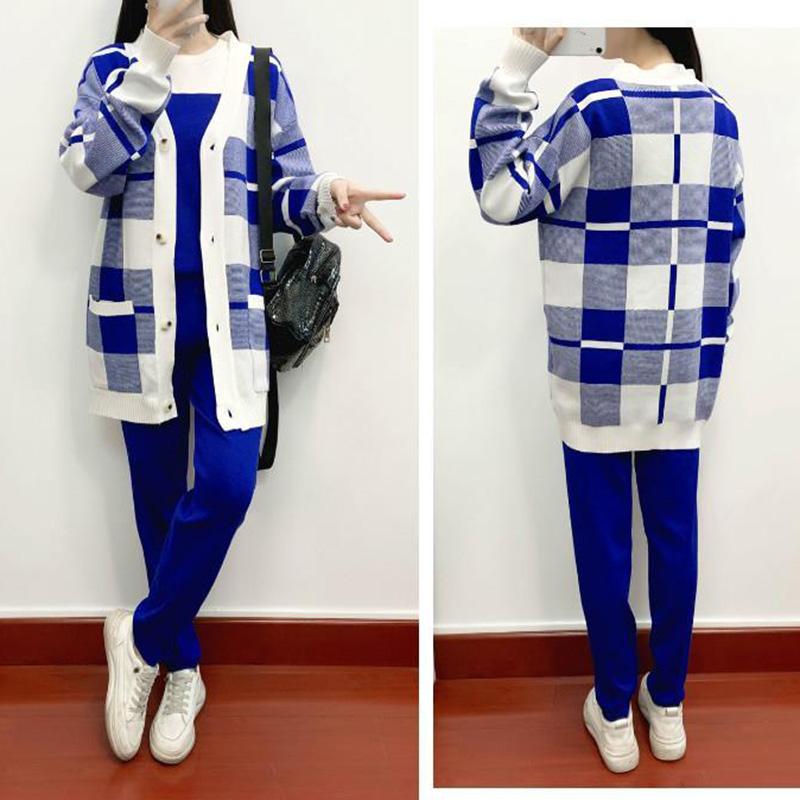 3pcs/set Knit Suit Women's Casual Plaid Knitted Cardigan +sweater + Knitted Harem Pants 3 Piece Set Ladies  Jogging Outfits Autumn Spring