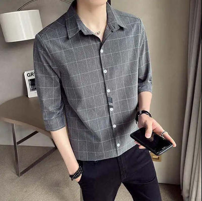 Summer New High-quality Plaid Shirt Men's Three-quarter Sleeve Trendy Shirt