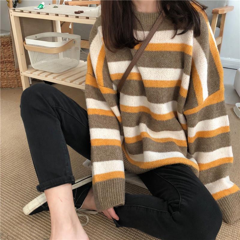 Pofulove Winter New Loose Contrast Striped Sweater Women's Sweatshirt Wild Bottoming Sweater
