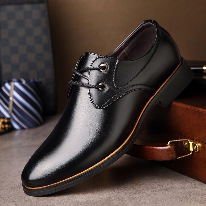 Mens Leather Shoes Men's Dress Shoes British Style Lace Up Pointed Toe Flats Big Size