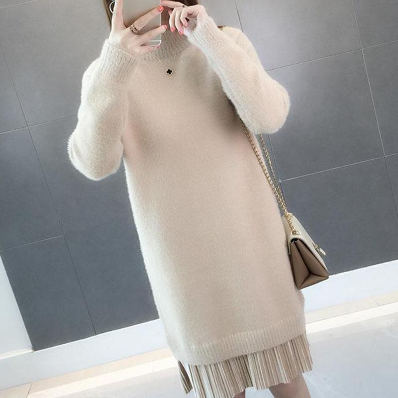 Long Faux Mink Fleece Sweater Winter Bottoming Sweater Thick Warm Knitted Lace Stitching Mohair Sweater Dress