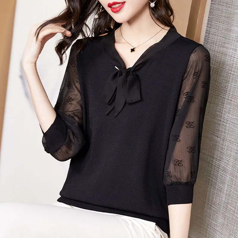 Large Size Chiffon Shirt Women's Loose Bow Tie Top Middle Sleeves Mesh Blouses Thin Belly Cover Shirt Solid Color Bottoming Shirt Casual All Match Top