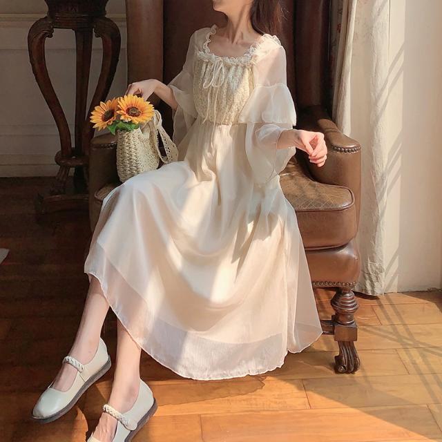 Female Vintage Super Fairy Sweet Chiffon Dress Slim Elegant Lace Quarter Sleeve Holiday Dress