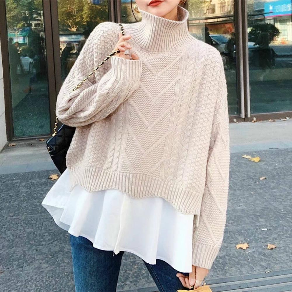 Turtleneck Suit Twist Sweater + Sleeveless Ruffle Shirt Women Linen Two-piece Winter