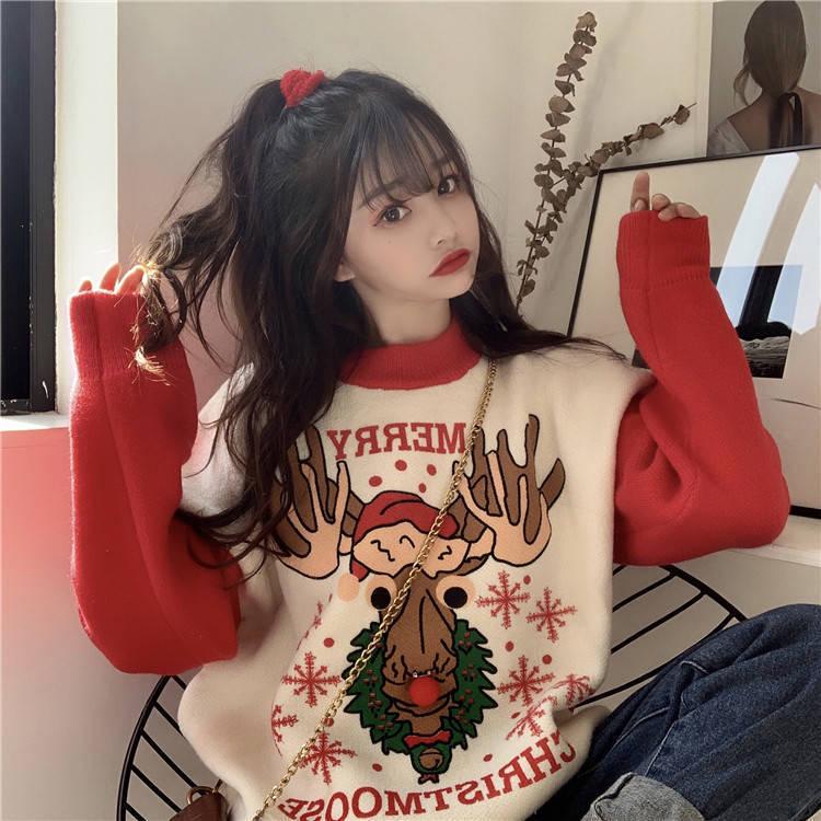 Christmas Sweater Women's Loose Color Matching Cartoon Printed Pullover Knitted Tops