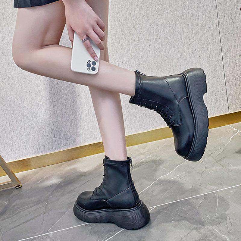 Autumn and Winter Leather Sponge Cake Thick-soled Martin Boots Thin Single Boots Heightening Short Boots All-match