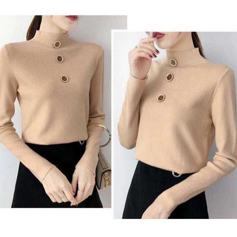 Women's  Button Turtleneck pullover  long sleeve slim bottoming Knit sweater jumpers top winter