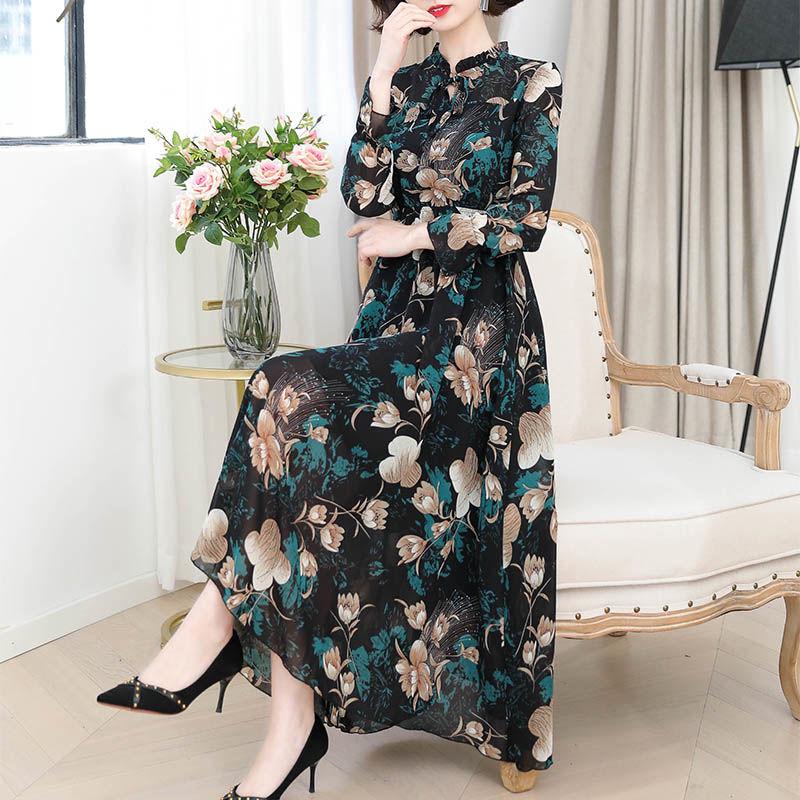 Fashion Chiffon Printed Large Size Long Skirt Spring and Autumn Floral Long-sleeved Dress Women