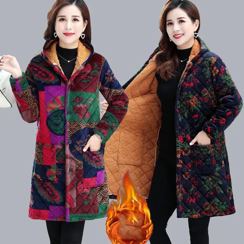 Winter Padded Jacket Chinese Style Printed Hooded Down Jacket Plus Velvet Padded Mid-length Padded Coat