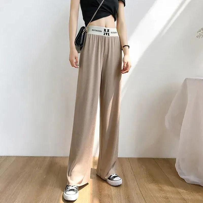 Ladies Ice Silk Wide Leg Casual Pants Summer Thin High Waist Straight Loose Thin Large Size Black Cool Stretch Pants
