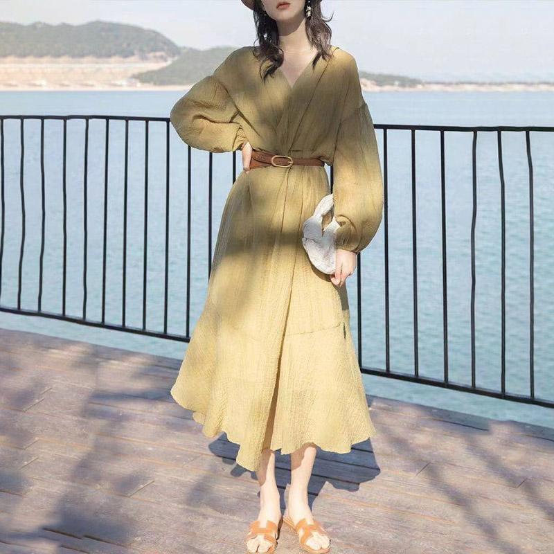 Summer Dress Vintage Sexy Lantern Sleeve Mid-Calf Dress Beach Bohemian Women'Summer Sundress Casual Plus Size