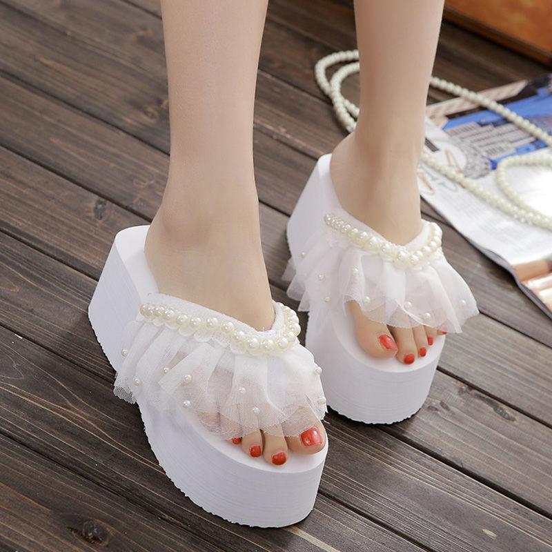 Slippers Female Summer Wear Korean Version of Pearl Flip Flops Thick Bottom Slope Heel Increase Fairy Beach Sandals