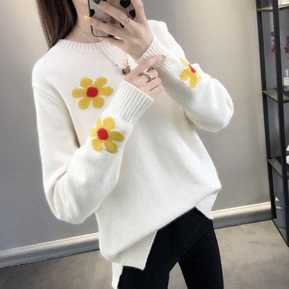 Autumn and Winter Round Neck Sweater Fashion Slim Bottoming Shirt Flower Pattern Simple Blouse
