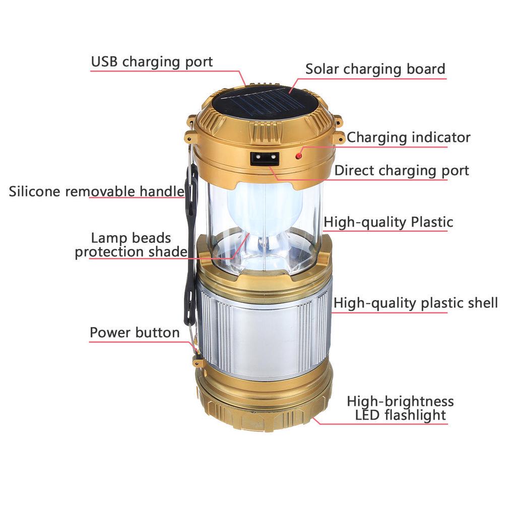 Solar Camping Retractable Tent Solar Lantern Portable Led USB Rechargeable Lamp with Charger Cable