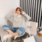 Women's Knitted Plaid Sweater O-neck Long Sleeve Alpaca Wool Blend Knitwear Pull