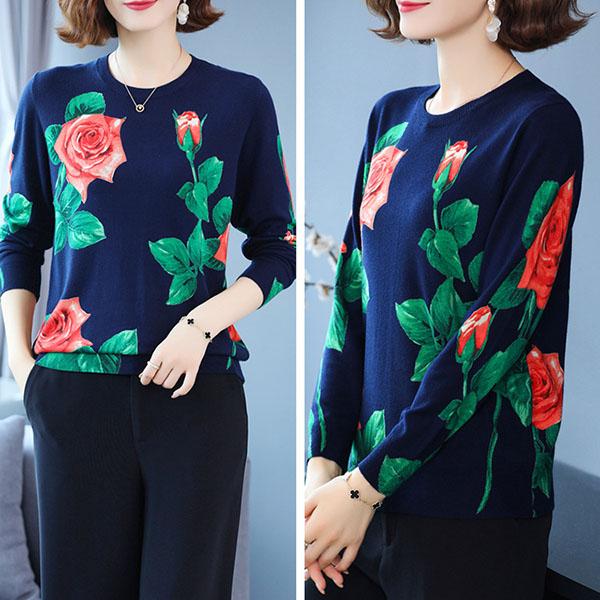 Ethnic Style Rose Print Sweater Women Fall Winter Casual Pullover Sweater Retro Plus Size Woolen Sweater