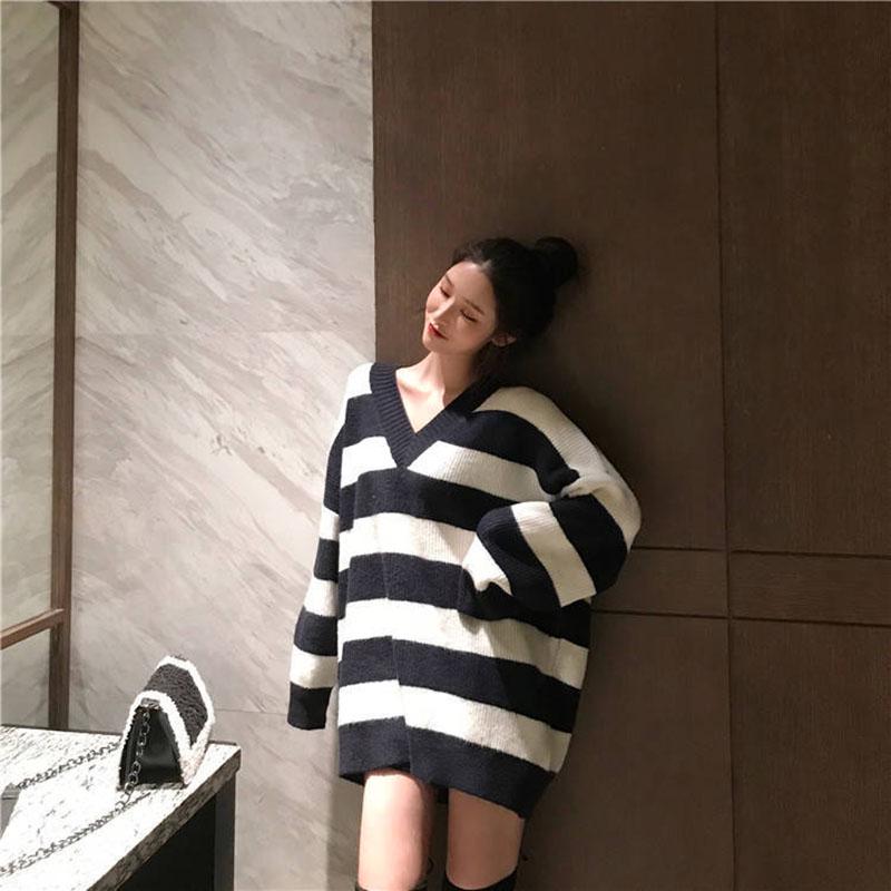 Autumn and Winter Long Thick Sweater Casual V-neck Loose Top All-match Knitted Women Sweater