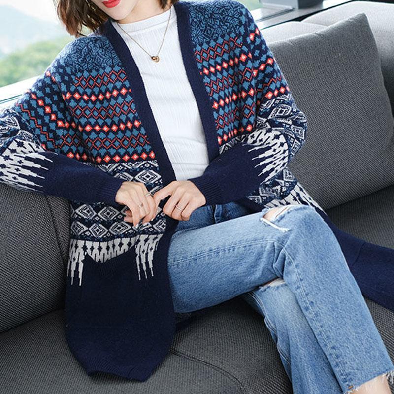 Spring and Autumn Knitted Cardigan Sweater Mid-length Loose Casual Sweater Fashion Jacquard Female Jacket