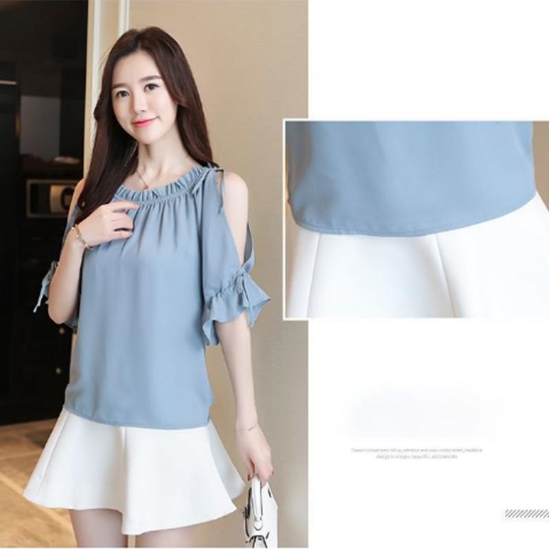 Summer Chiffon Shirt Female Fairy Air Age Reduction Solid Color T-shirt Fashion Loose Style Cool and Thin One-word Collar Strapless Top Women's