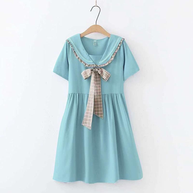 Solid Color Sailor Collar Navy Dress Sweet Bow-knot Girl Retro Style Student Girls Knee-length Dress